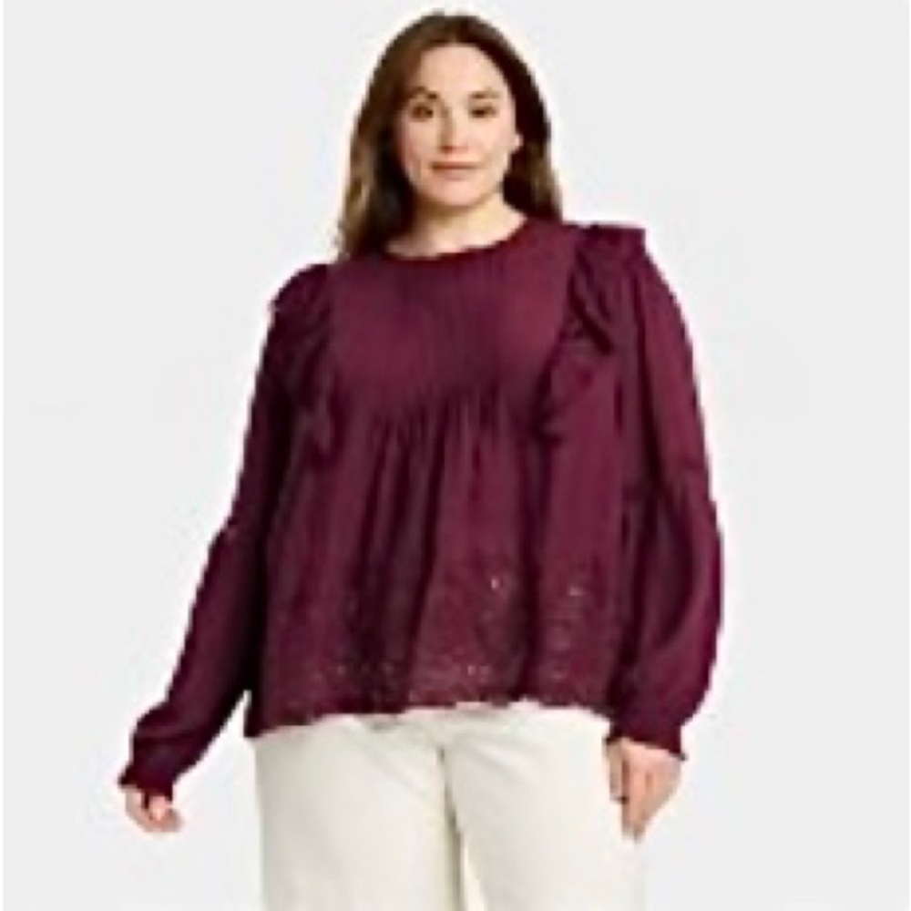 Women’s Long Sleeve Eyelet Blouse - Knox Rose, Maroon XXL